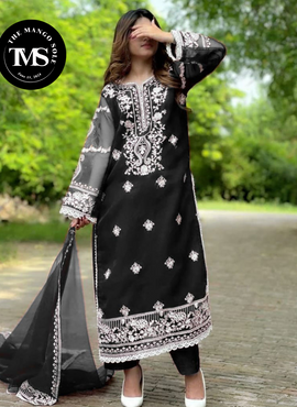 ** Front & Back Border, Sleeves and Neck Embroidered With Lace Work Shirt With Two side Borders Embroidery Work On Dupatta And Trouser 3Pcs **