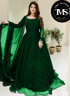 ** Chiffon Front & Back Pearls With Lace Work Long Flare Maxi With dupatta 3pcs **