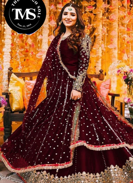 ** Heavy Embroidery Handwork Mirror Attached Maxi With Pearls Lace Dupatta 3Pcs Silk **