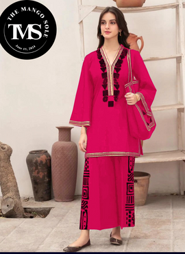 ** Cotton Embroidered With Lace 3Pcs With Bag Suit **