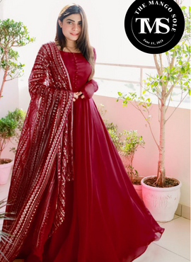 ** Chiffon Allover Fully Embroidered Dupatta, With Handmade Button Kalli Work Long Flare Maxi 3Pcs **